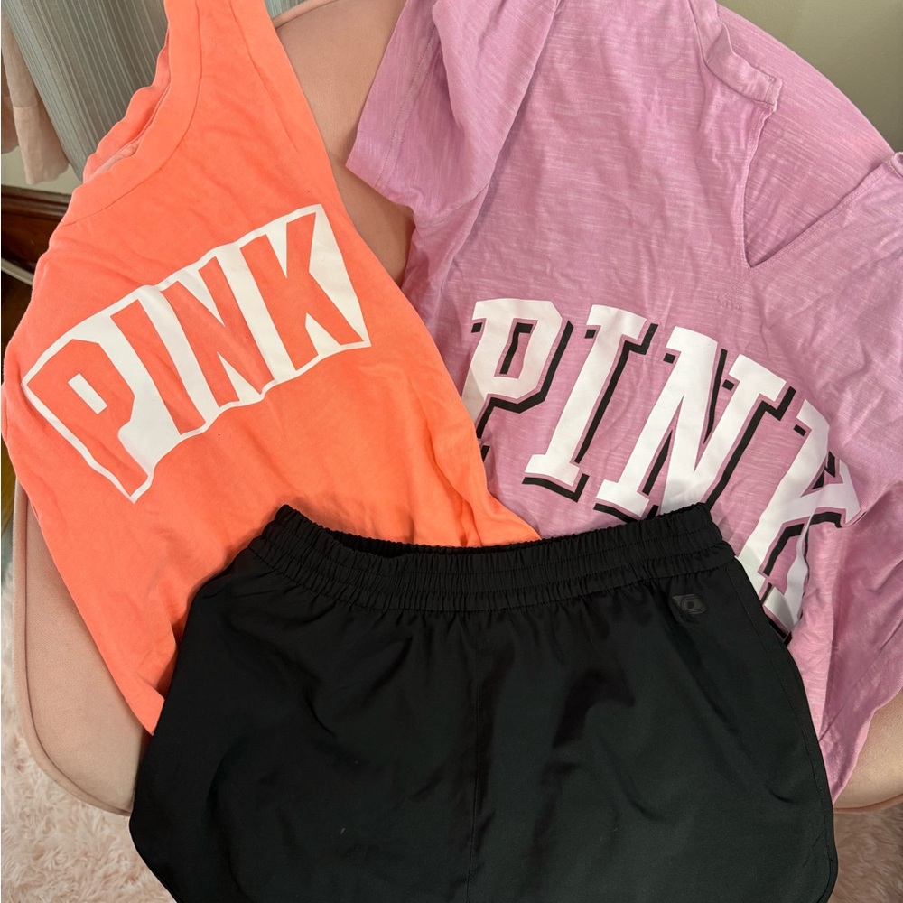 PINK Victoria's Secret Orange and Purple Tops with Black Shorts